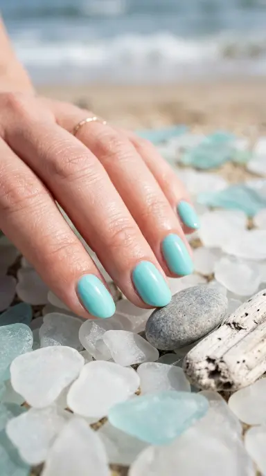 Macro close-up of short oval nails painted in a soft aqua