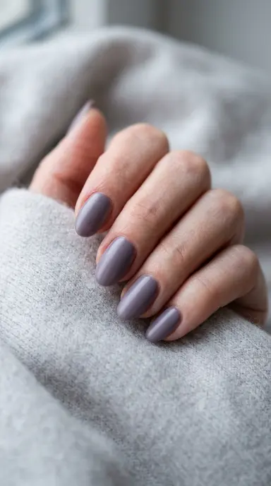 Macro nail photograph of medium oval nails in a smoky lilac