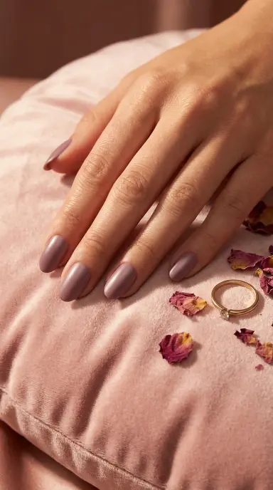 Macro nail photograph of medium oval nails painted in a dusty mauve