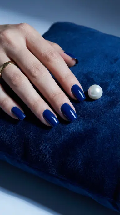 Macro photograph of medium-length square nails painted in a rich cobalt blue, glossy finish, hand resting on a deep navy velvet fabric