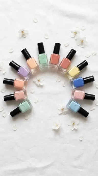 Overhead flat lay of twelve small glass nail polish bottles in various spring shades