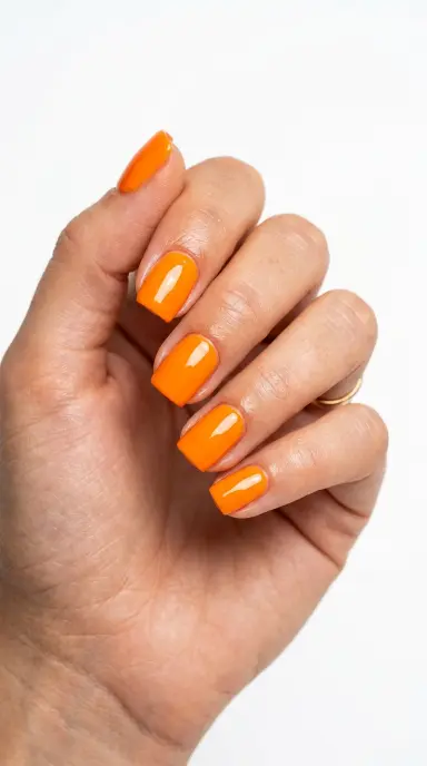 Vibrant editorial close-up of a woman's hand with short square nails painted in a bright citrus orange