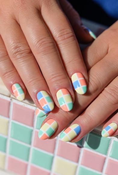cute spring nail ideas Checkerboard Pastel Nails